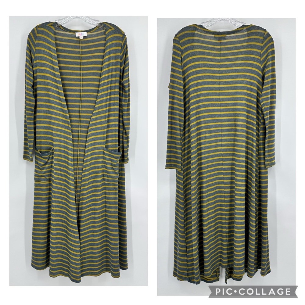 LuLaRoe Sarah Blue and Yellow Striped Long Sleeve Duster Cardigan Size XS